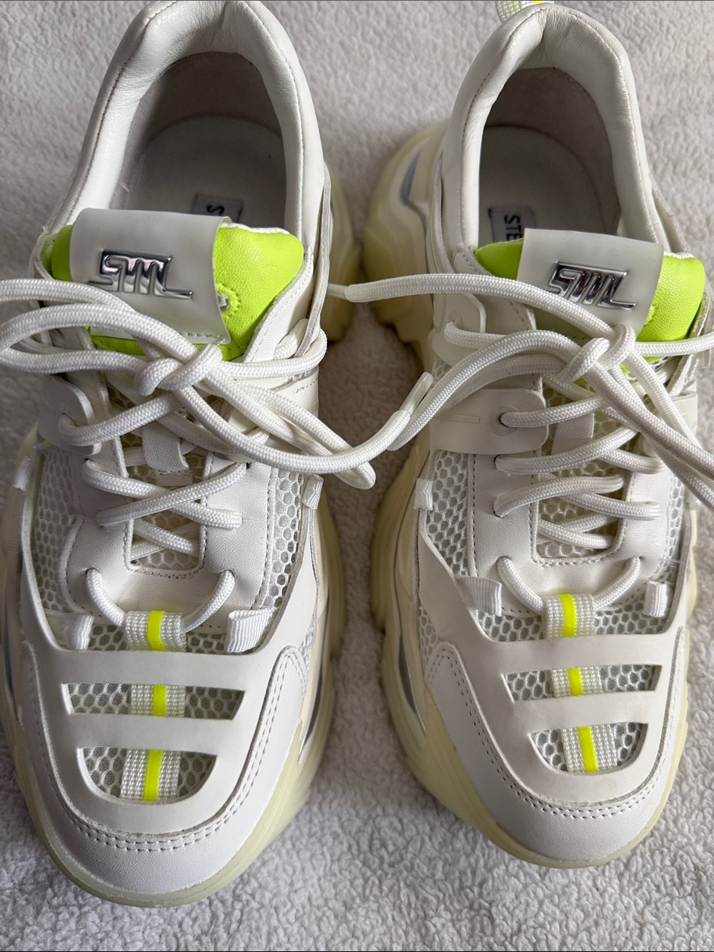 Steve Madden White Sneakers with Neon Yellow Accents